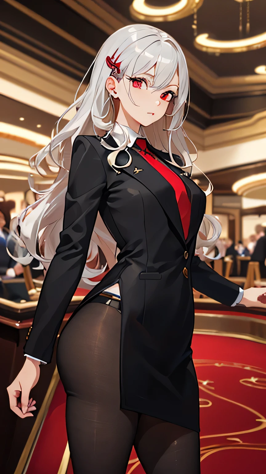(1woman,Light-haired female dealer,masterpiece,8k,bust,Best quality),Female casino dealer in black suit,((Light long hair,Red highlights,Slightly curly hair,Dark red eyes,Silver red hairpin,Black gorgeous suit,Gold tie,Black tights),Standing in the casino,Perfect face,Perfect eyes,perfect pupils,Oil painting style,Thick coating,Thick lines,16K, Ultra HD, Retina, masterpiece, precise, Anatomically correct, best quality, high quality, Textured Skin