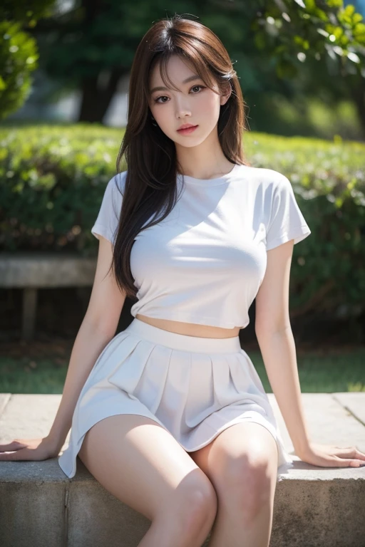 One girl,Sexy pose,Highest quality,masterpiece,figure,Very delicate and beautiful,CG,Unity,8k wallpaper,wonderful,In detail,masterpiece,Official Art,Very detailed CG Unity 8k wallpaper,Incredibly absurd,Large file size,Very detailed,High resolution,Very detailed,Beautiful detailed girl,Realistic,from the front,Outdoor,skirt,Light contrast,T-Shirts