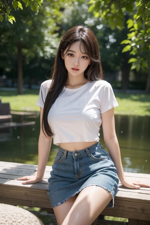 One girl,Sexy pose,Highest quality,masterpiece,figure,Very delicate and beautiful,CG,Unity,8k wallpaper,wonderful,In detail,masterpiece,Official Art,Very detailed CG Unity 8k wallpaper,Incredibly absurd,Large file size,Very detailed,High resolution,Very detailed,Beautiful detailed girl,Realistic,from the front,Outdoor,skirt,Light contrast,T-Shirts