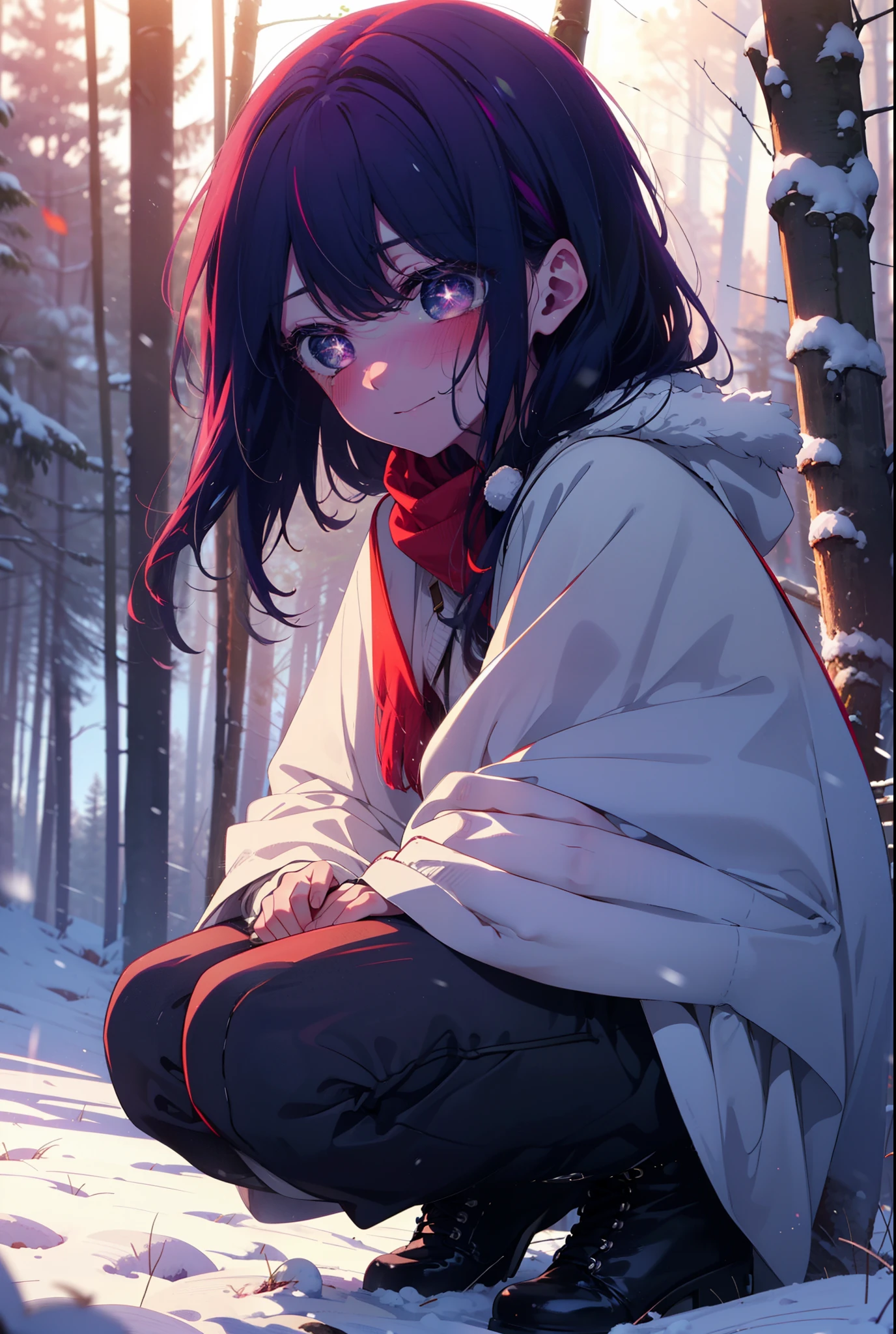 aihoshino, Ai Hoshino, Long Hair, bangs, (Purple eyes:1.1), Purple Hair, (Symbol-shaped pupil:1.5), smile,,smile,blush,white breath,
Open your mouth,snow,Ground bonfire, Outdoor, boots, snowing, From the side, wood, suitcase, Cape, Blurred, , forest, White handbag, nature,  Squat, Mouth closed, Cape, winter, Written boundary depth, Black shoes, red Cape break looking at viewer, Upper Body, whole body, break Outdoor, forest, nature, break (masterpiece:1.2), Highest quality, High resolution, unity 8k wallpaper, (shape:0.8), (Beautiful and beautiful eyes:1.6), Highly detailed face, Perfect lighting, Extremely detailed CG, (Perfect hands, Perfect Anatomy),