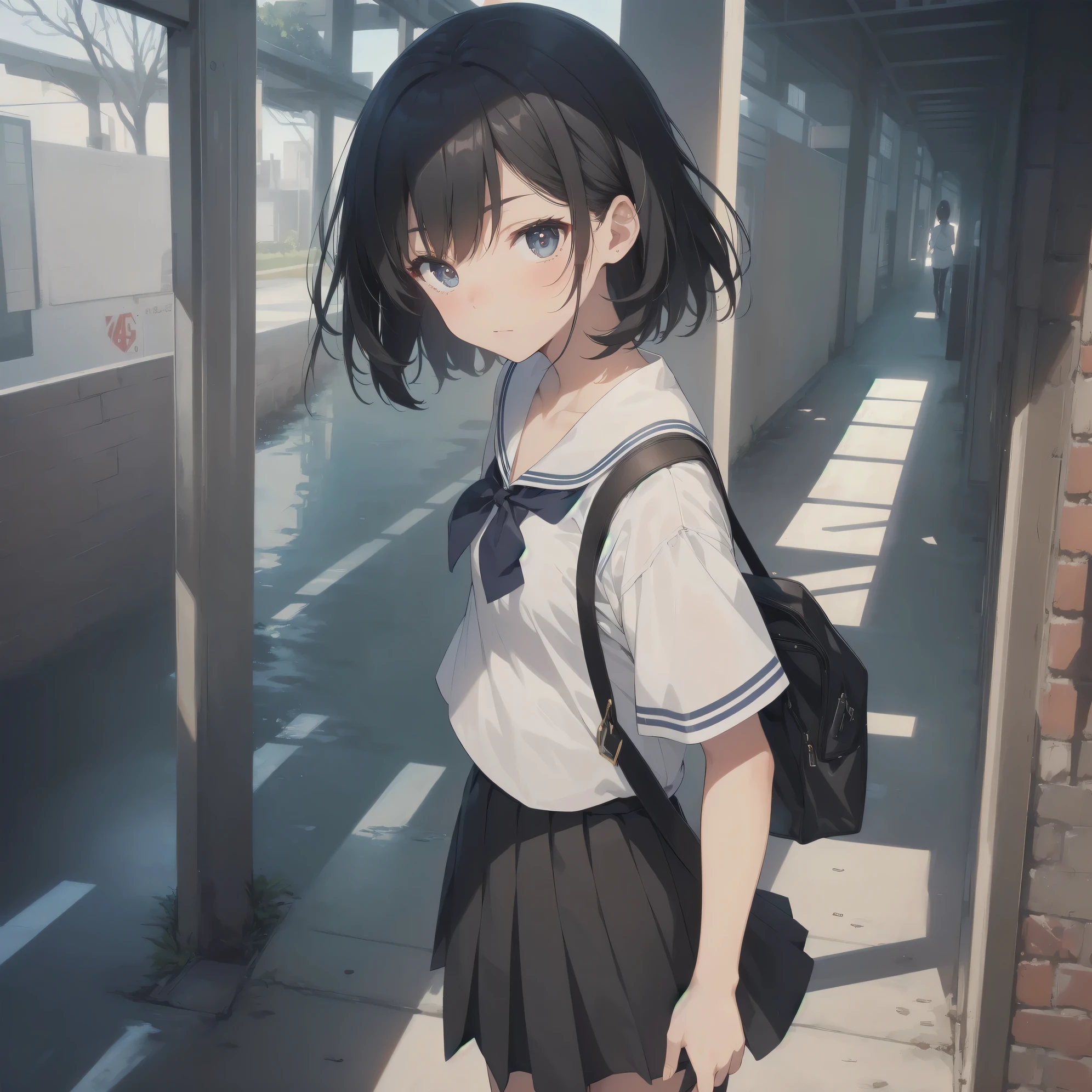 ultra-absurdres-Top quality by artist God, ultra-detailed, high resolution, anime moe artstyle, best anime 8k konachan wallpaper, pixiv contest winner, pool:2810, perfect anatomy,break, 1girl, (Please draw a girl walking sleepily to school alone. )break,(Solo,little female, 13-year-old:1.3),Full limbs, complete fingers,a junior high school student, (very short hair), short cut, flat chest, , small butt, small black eyes, beautiful detailed eyes, well-proportioned iris and pupils, expressive eyes, highres detailed hair, soft expression, salor school_uniform, sailor collar, serahuku, bow, pleated skirt,(Detailed Lighting), (Detailed background), in the School commute route. break,super detailed skin, Best cinematic lighting powered by famous artist, 8k,beauty illustration,photoshop_(medium),very aesthetic,break,((artist:horosuke )), artist:clamp ,artist:carnelian ,artist:kantoku ,