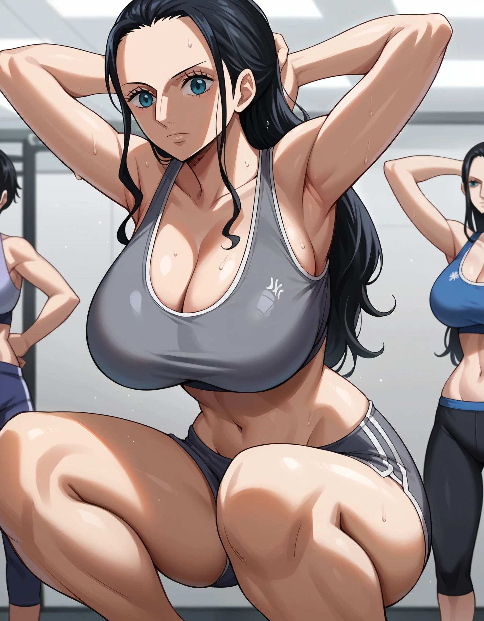 score_9, score_8_up, score_7_up, best quality, source_anime, clear face, 1girl, Nico Robin, black hair, long hair, blue eyes, large breasts, cleavage, sports bra, gray clothes, navel, arms behind head, squat, gym, voluptuous body, standing, training