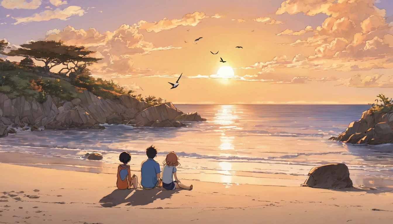 Here’s a prompt to generate a similar and accurate image:

"Create a comic-style or anime-inspired scene of a boy and a girl sitting on a beach during a beautiful sunset. They are facing the ocean, with the warm, orange hues of the setting sun illuminating the sky and casting a soft glow on the water. The boy and girl are sitting close together, with the girl on the left and the boy on the right, both appearing to be in a peaceful moment. The sky is filled with scattered clouds and a few birds flying in the distance. The foreground includes some beach vegetation and rocks, adding to the serene atmosphere. The overall style should resemble an anime or pen sketch with detailed, soft shading and a warm color palette."