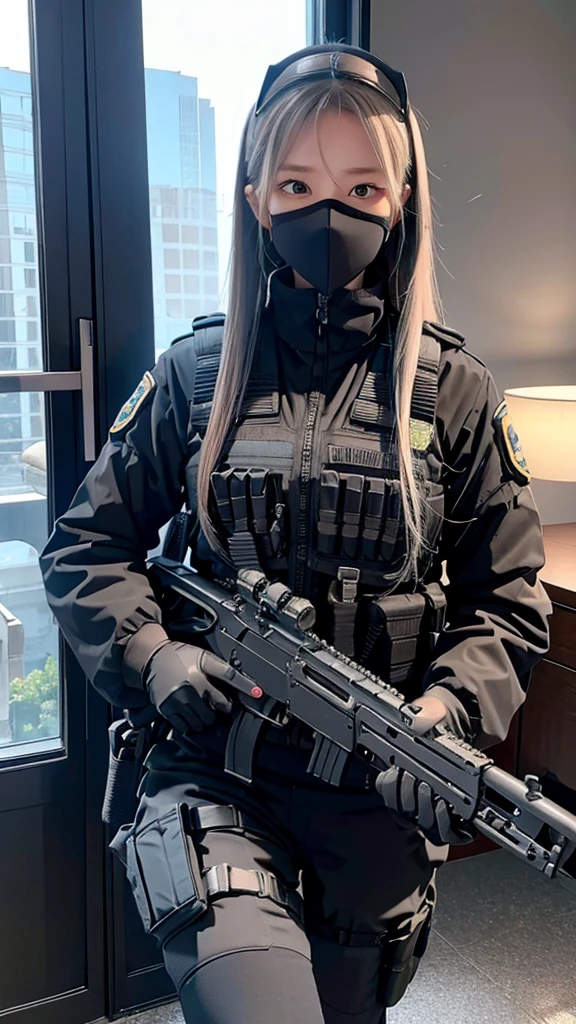 Police soldier woman, swat vest, black gloves, swat helmet head, behind long hair, ninja full mask, grip assault ak74,