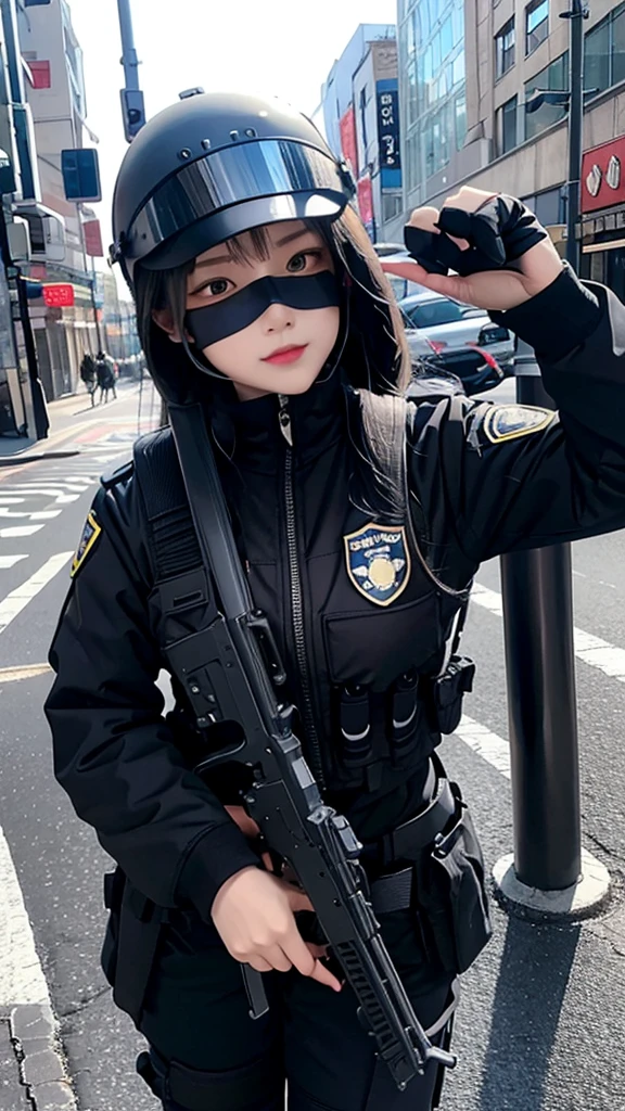 Police soldier woman, swat vest, black gloves, swat helmet head, behind long hair, ninja full mask, grip assault ak74,