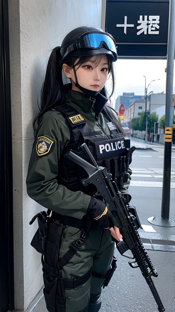 Police soldier woman, swat vest, black gloves, swat helmet head, behind long hair, ninja full mask, grip assault ak74,