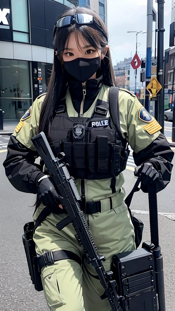 Police soldier woman, swat vest, black gloves, swat helmet head, behind long hair, ninja full mask, grip assault ak74,
