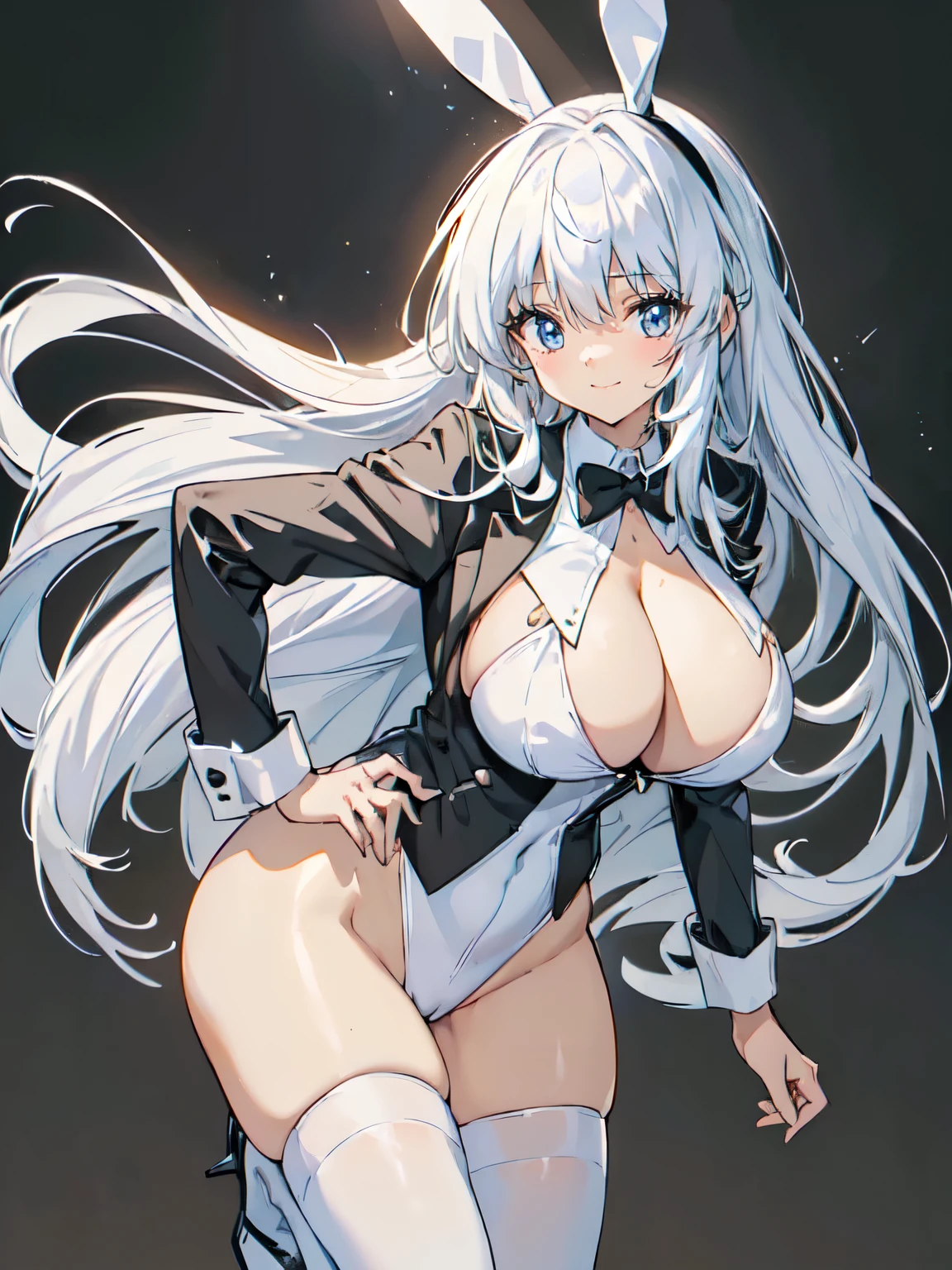 (tuxedo jacket), (white leotard), smiling(short height)(young girl), (black bunny ears), (huge round breasts)(big boobs), narrow waist, belly button, small hips, (bare hips), (thin legs)(bare legs), (thin thighs)spread, (white high-heel), (silver ponytail)(white ribbon), (Highly Detailed CG Unity 8K Wallpaper) (Better Quality) (Better lighting)