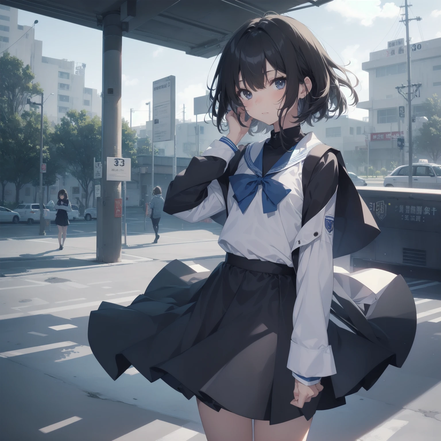 ultra-absurdres-Top quality by artist God, ultra-detailed, high resolution, anime moe artstyle, best anime 8k konachan wallpaper, pixiv contest winner, pool:2810, perfect anatomy,break, 1girl, (Please draw a girl walking sleepily to school alone. )break,(Solo,little female, 13-year-old:1.3),Full limbs, complete fingers,a junior high school student, (very short hair), short cut, flat chest, , small butt, small black eyes, beautiful detailed eyes, well-proportioned iris and pupils, expressive eyes, highres detailed hair, soft expression, salor school_uniform, sailor collar, serahuku, bow, pleated skirt,(Detailed Lighting), (Detailed background), in the School commute route. break,super detailed skin, Best cinematic lighting powered by famous artist, 8k,beauty illustration,photoshop_(medium),very aesthetic,break,((artist:horosuke )), artist:clamp ,artist:carnelian ,artist:kantoku ,

