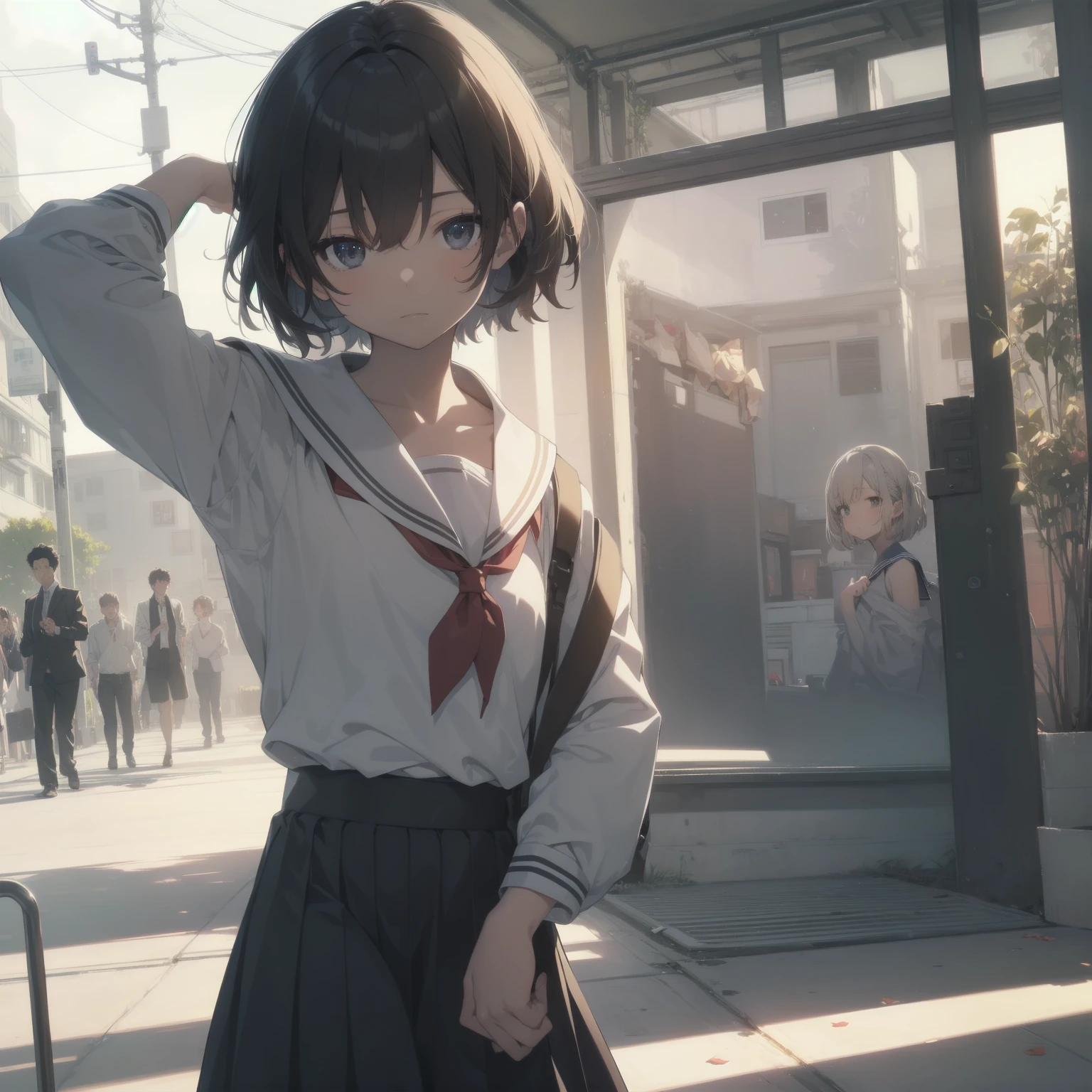 ultra-absurdres-Top quality by artist God, ultra-detailed, high resolution, anime moe artstyle, best anime 8k konachan wallpaper, pixiv contest winner, pool:2810, perfect anatomy,break, 1girl, (Please draw a girl walking sleepily to school alone. )break,(Solo,little female, 13-year-old:1.3),Full limbs, complete fingers,a junior high school student, (very short hair), short cut, flat chest, , small butt, small black eyes, beautiful detailed eyes, well-proportioned iris and pupils, expressive eyes, highres detailed hair, soft expression, salor school_uniform, sailor collar, serahuku, bow, pleated skirt,(Detailed Lighting), (Detailed background), in the School commute route. break,super detailed skin, Best cinematic lighting powered by famous artist, 8k,beauty illustration,photoshop_(medium),very aesthetic,break,((artist:horosuke )), artist:clamp ,artist:carnelian ,artist:kantoku ,
