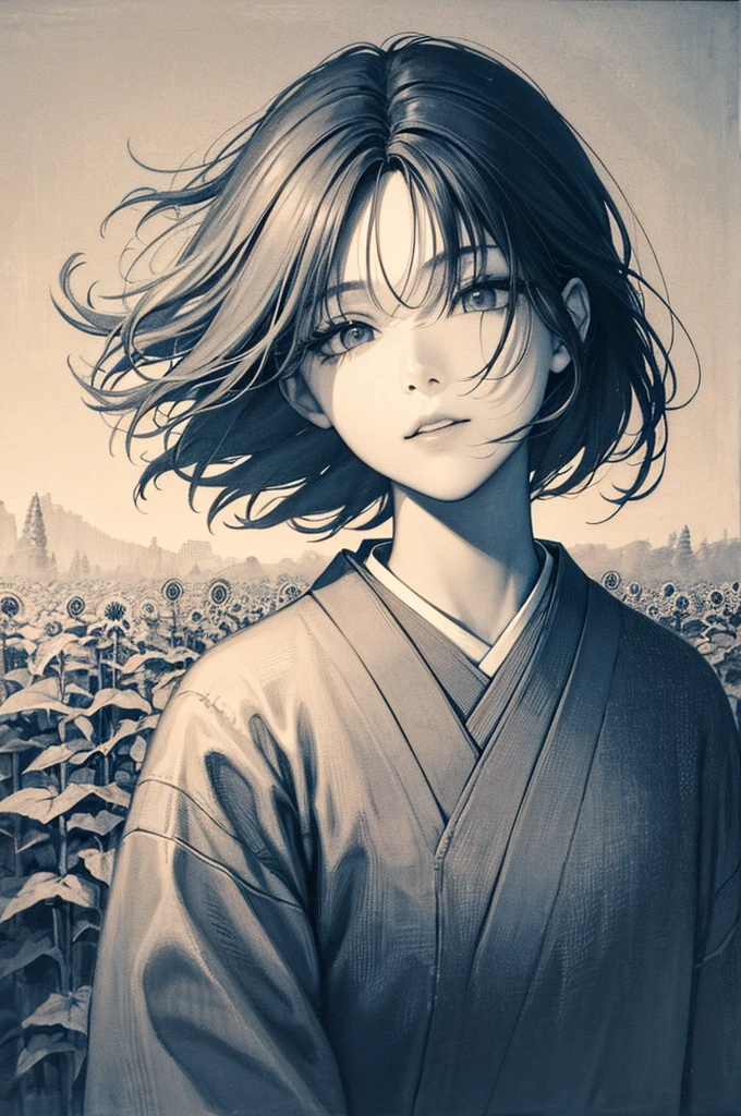 Fictional character composition, Wearing young blue flowers, Surrounded by sunflowers, main character, Open your eyes, His hair was blown by the wind, And the sun heals, Close-up monochrome painting, cute, dream-like, Oil painting style, Acrylic paint,, Japanese, An interesting concept, Funny picture - ar 3:4 - 20 - more than 5  