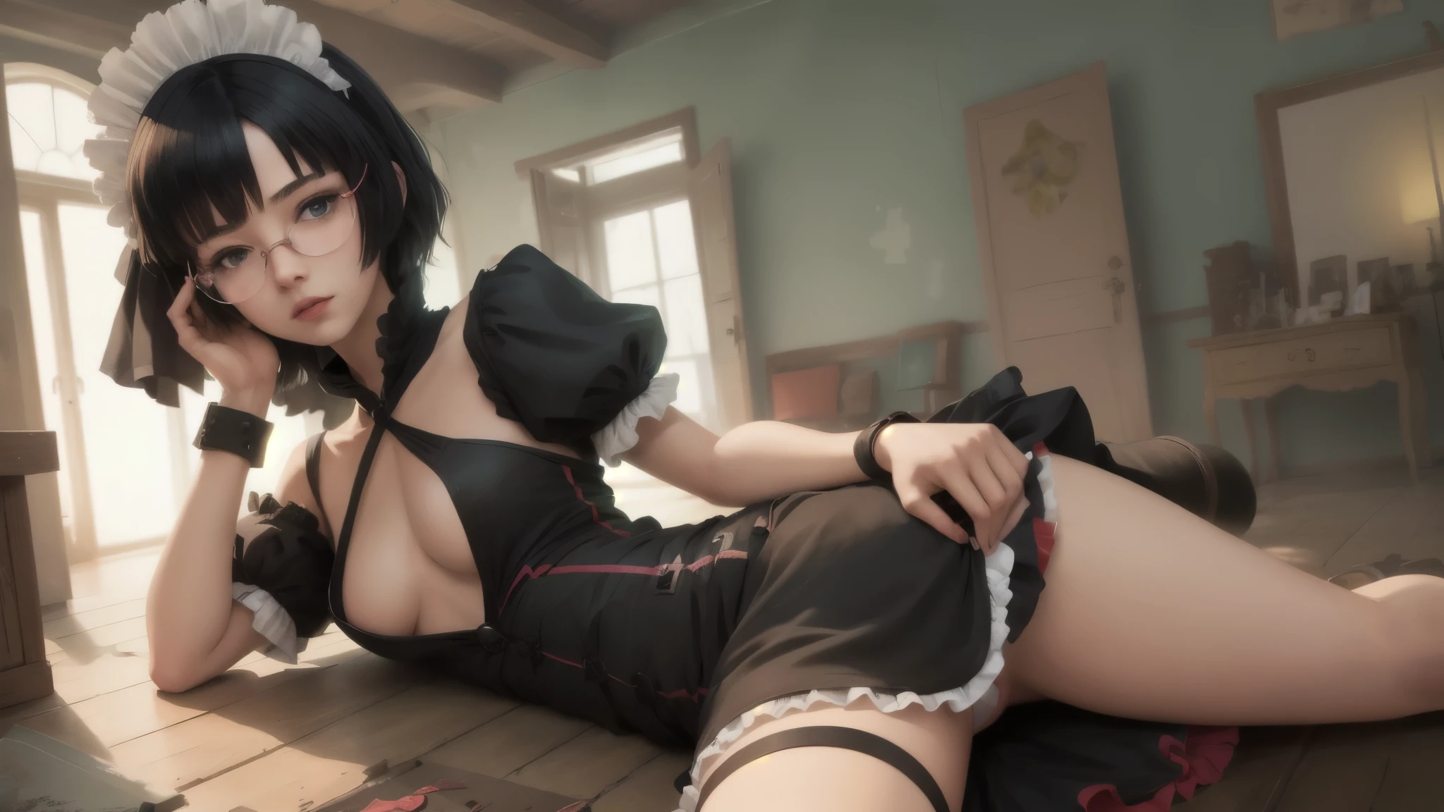 inoms, beautiful, artwork, best quality, 1 girl, colored glasses, sexy maid clothes, has, Alone, upper cut, Alone, in a room