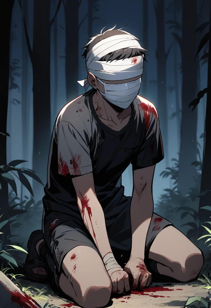 1boy, solo, forest, night, light tanned skin, bandage head, bandage mask, bandage, kneeling, blood on clothes, bleeding, black clothes, faceless