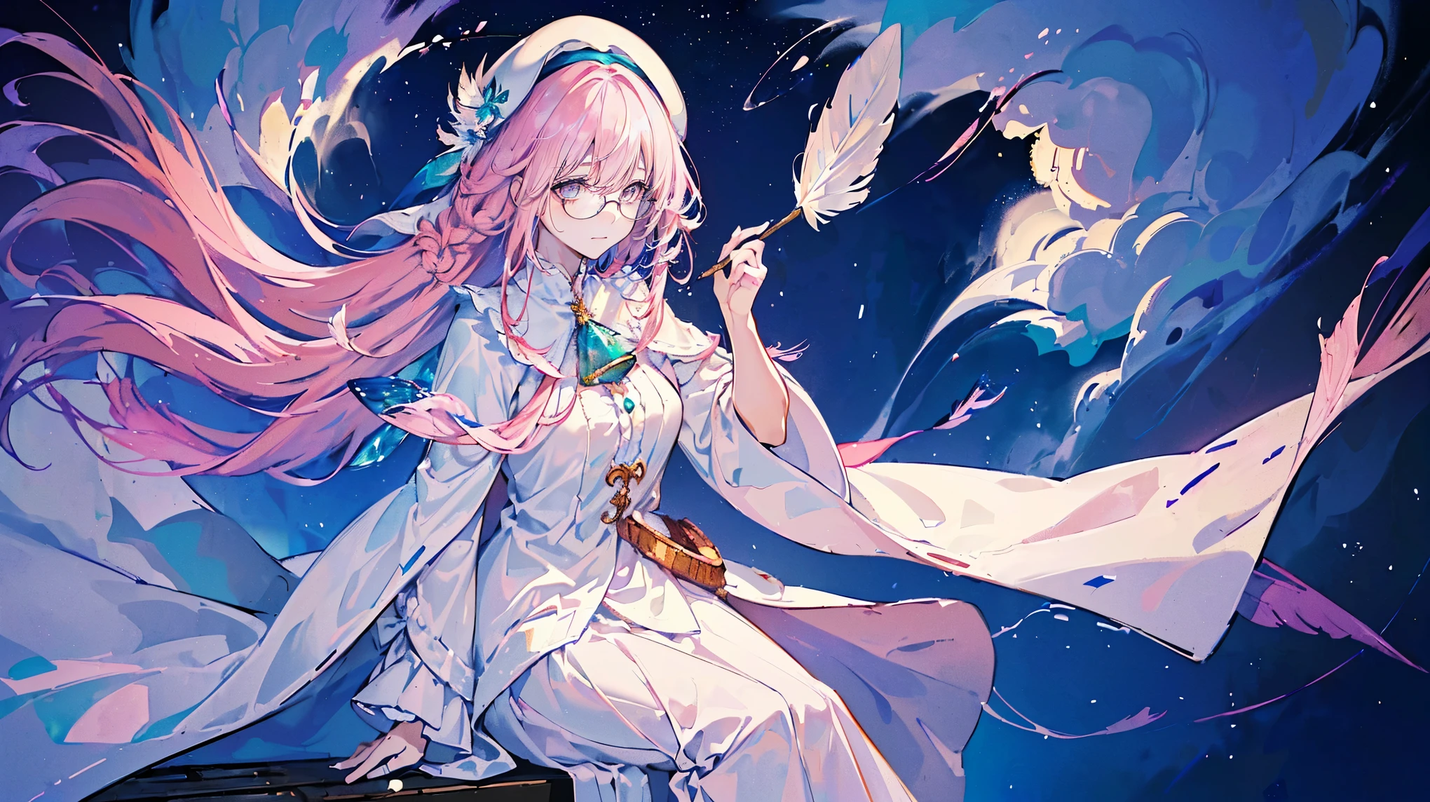 (Super detailed)),((illustration)),((masterpiece)),(((need))),((fine、Highest quality CG Unity 8K wallpapers,masterpiece),((4K,masterpiece,best quality)),Woman with pink hairstyle,Long hair,writer,Wearing a beret,Eyes like sapphires,wearing glasses,Born into nobility,Wearing a plain fluffy long skirt made of white fabric,Wearing an emerald coat,Wearing white shoes,Medium breasts,Sitting on a white bench, looking down in thought,Stepping on the clouds,Mature and wise when meditating,Holding a feather pen in his right hand, he is creating,In a carriage,Outside is a universe filled with stars,individual,Full body picture
