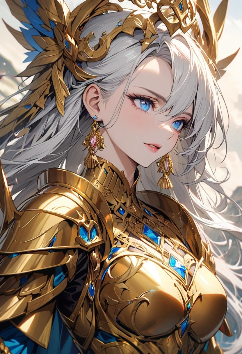 woman, blue eyes, long hair, white hair, mature, god eyes, diamond earings, golden armor, beautiful, high detail, beautful color