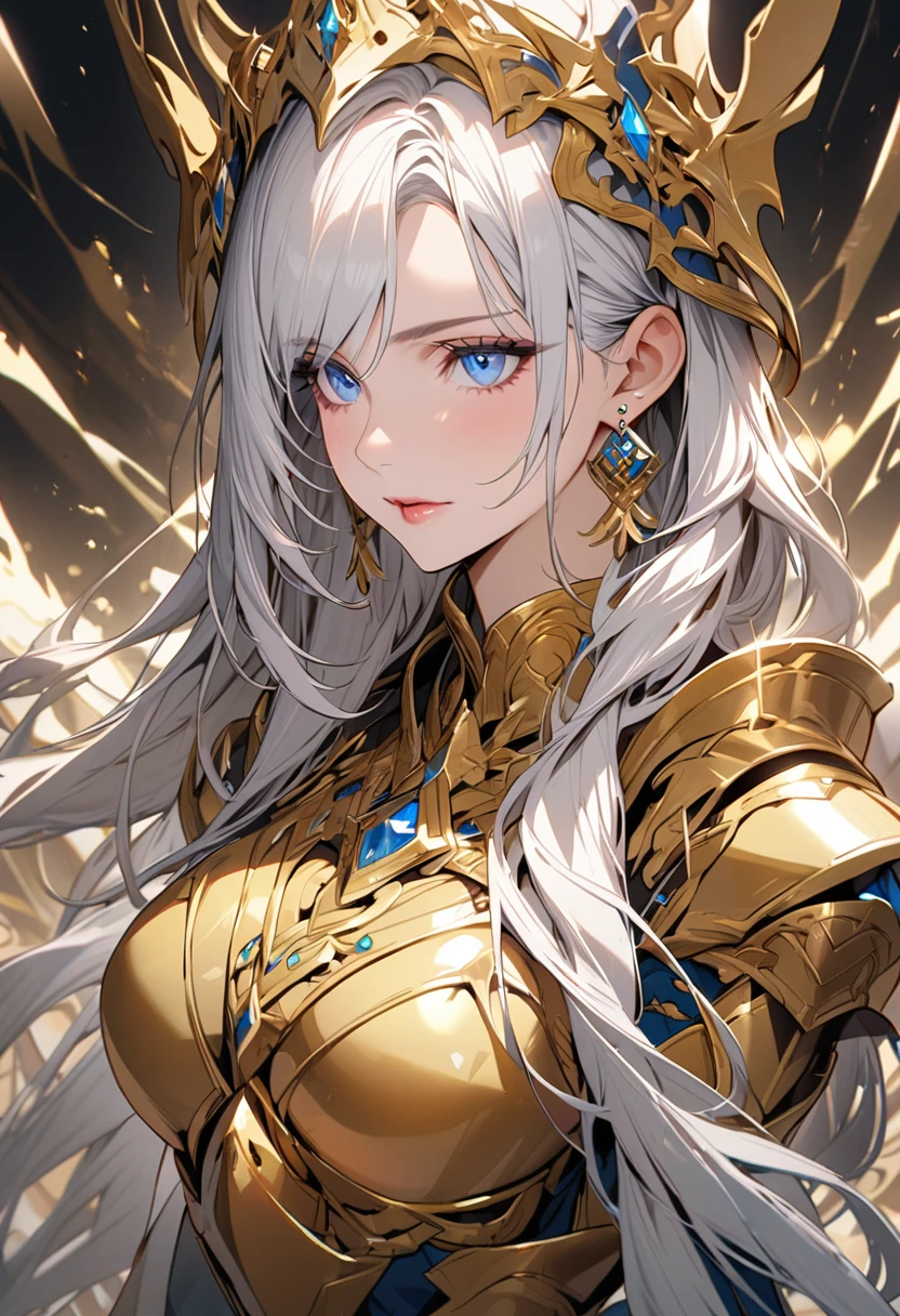 woman, blue eyes, long hair, white hair, mature, god eyes, diamond earings, golden armor, beautiful, high detail, beautful color