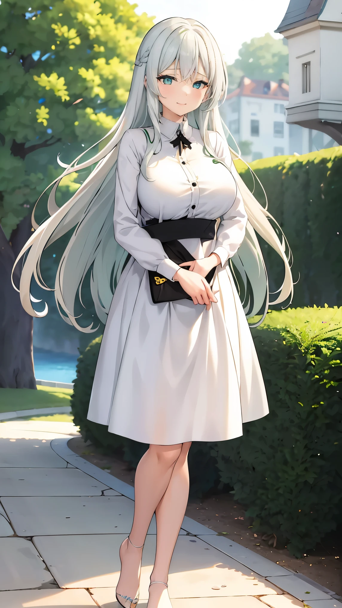 Girl with long green hair,Inner color and white hair、 Beautifully shaped breasts with tension, Green Eyes, White Casual Beauty Special、,Full body photo from head to toe、A dignified atmosphere、Proud person、Attractive adult woman、Confident expression、Sharp Eyes、(Sister)、Older sister、Help when you need it