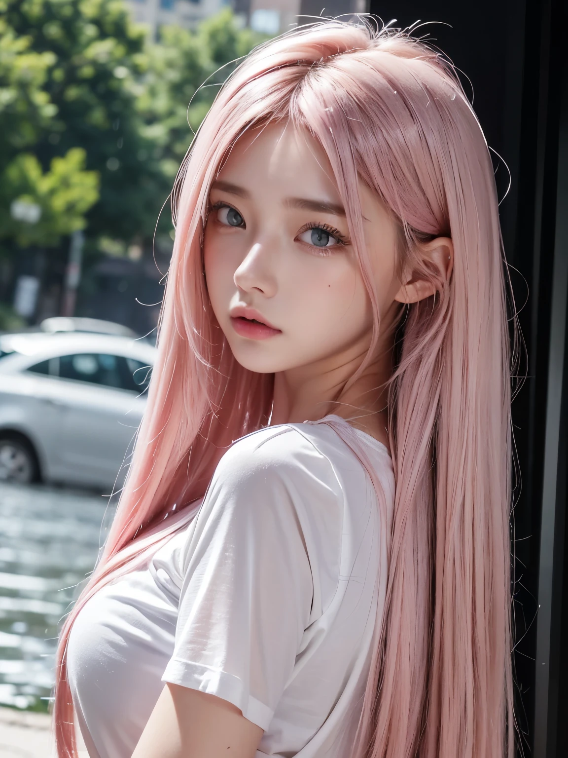 masterpiece,Highest quality,Very detailedな,(Take in the view),Black Hair,Realistic,18-year-old,(Bokeh),Sweat,blush,,(orgasm),Natural pose,Upper Body,Short sleeve,T-Shirts,(rain:1.2),(濡れたT-Shirts:1.2),From the side,K,Confused, High resolution, Very detailed, 1 girl, alone, Very beautiful eyes, Ultra-precise depiction, artistic、Very detailed,(Beautiful pink hair, Beautiful eyes, Long Hair, ),Pink Hair Color、Pink Hair、Hair color: Pink、