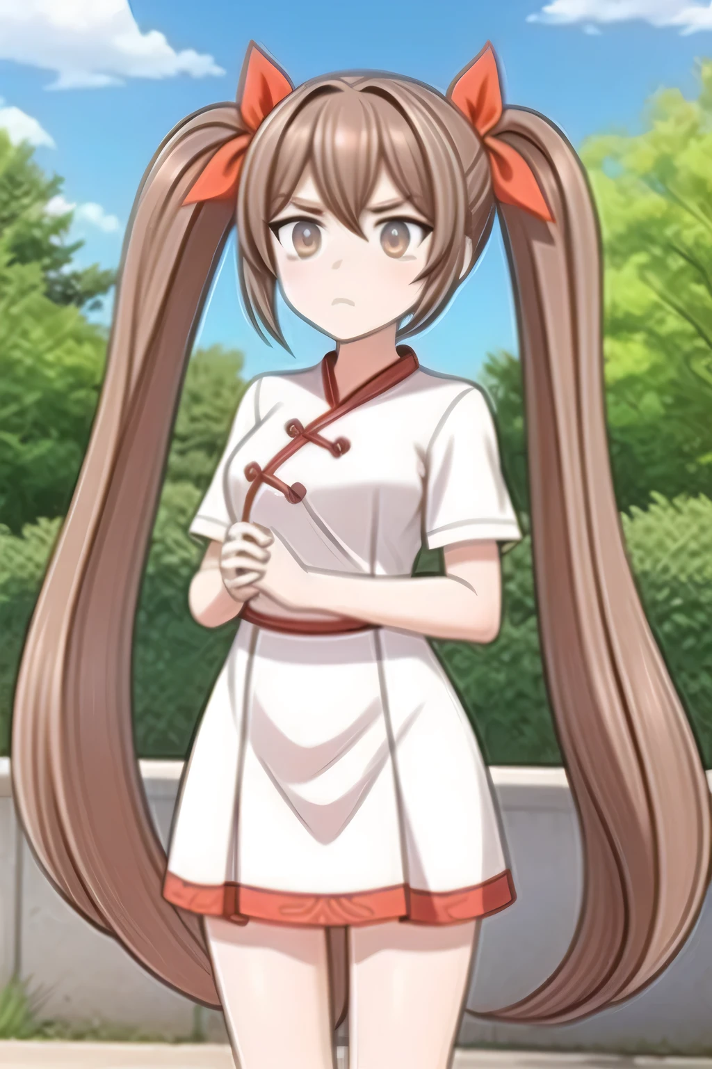 zhao ya, 1 tall mature girl, light brown hair color, hair tied into twin tails with red ribbons, wearing her original dress, standing outdoors, cowboy shot