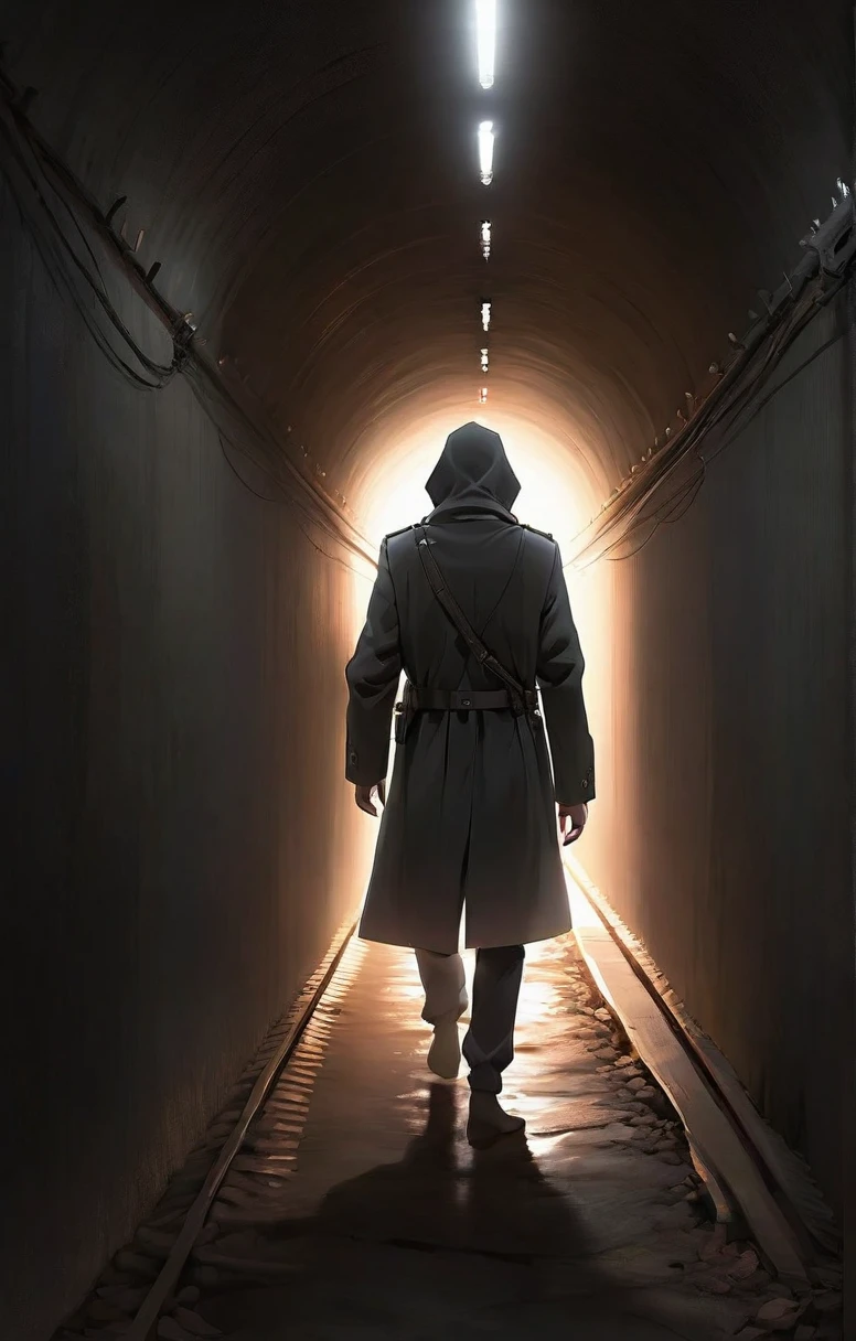 Souta walking through a pitch-dark tunnel, his footsteps echoing. The tunnel is long and ominous, with only the faintest light at the far end. The atmosphere is filled with suspense and fear.