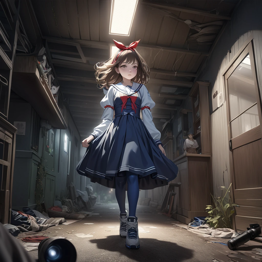 (Highest quality,4K,High resolution),Very detailed,Realistic, Japanese , Long brown hair,mysterious, Ecomodernism, Bokeh, Ribbon Headband,Small breasts,Futuristic Sailor ta Dress,Puff sleeves,White and blue,Colorful lighting, Red ribbon, Dark blue pantyhose,Sports boots, Have a flashlight, Walking alone through a haunted abandoned house, At night, Low Light, darkness, Very detailed, 4K. Blue tights, Skirt flipped up