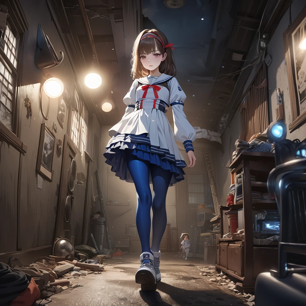 (Highest quality,4K,High resolution),Very detailed,Realistic, Japanese , Long brown hair,mysterious, Ecomodernism, Bokeh, Ribbon Headband,Small breasts,Futuristic Sailor Lolita Dress,Puff sleeves,White and blue,Colorful lighting, Red ribbon, Dark blue pantyhose,Sports boots, Have a flashlight, Walking alone through a haunted abandoned house, At night, Low Light, darkness, Very detailed, 4K. Blue tights, Skirt flipped up