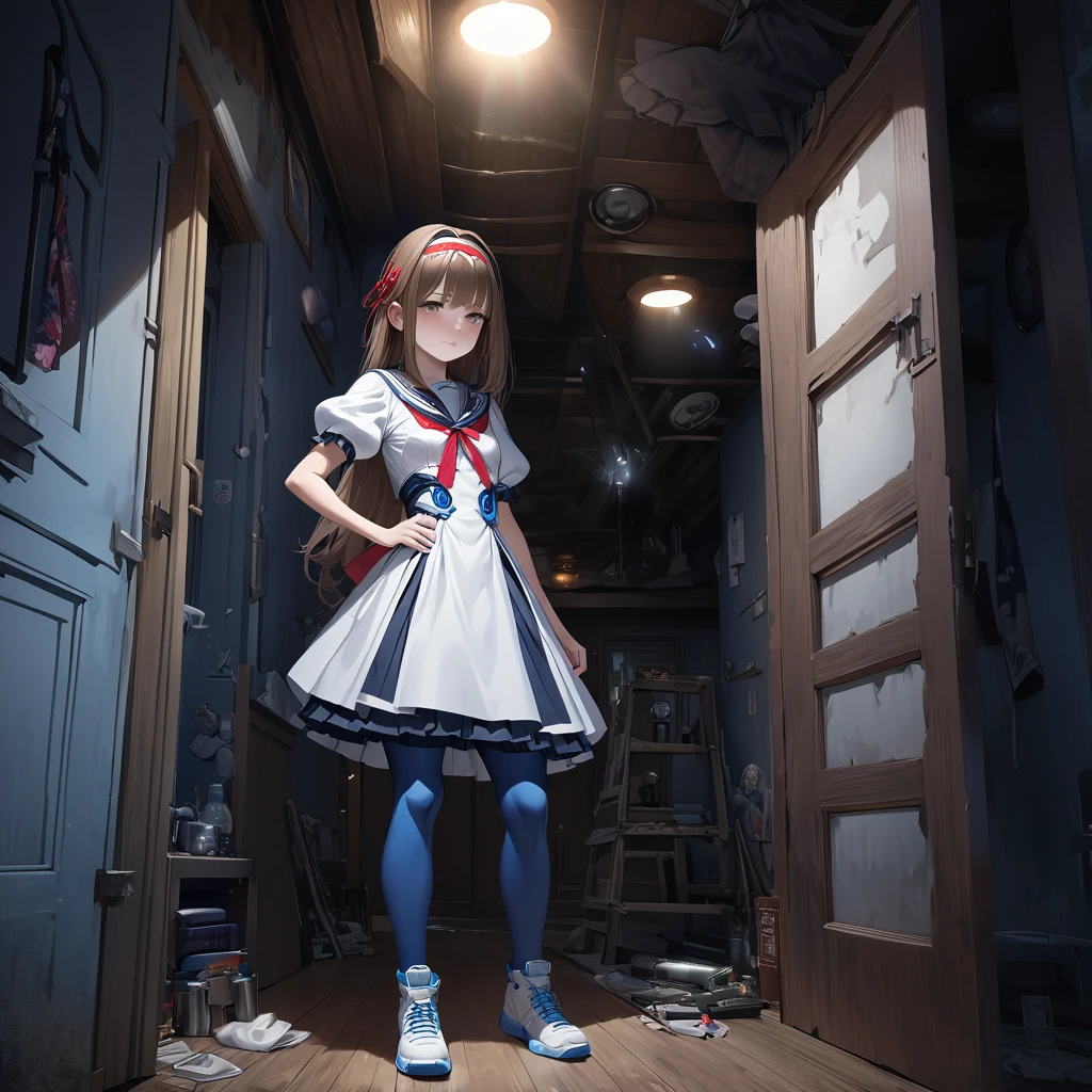 (Highest quality,4K,High resolution),Very detailed,Realistic, Japanese , Long brown hair,mysterious, Ecomodernism, Bokeh, Ribbon Headband,Small breasts,Futuristic Sailor Lolita Dress,Puff sleeves,White and blue,Colorful lighting, Red ribbon, Dark blue pantyhose,Sports boots, Have a flashlight, Walking alone through a haunted abandoned house, At night, Low Light, darkness, Very detailed, 4K. Blue tights, Skirt flipped up