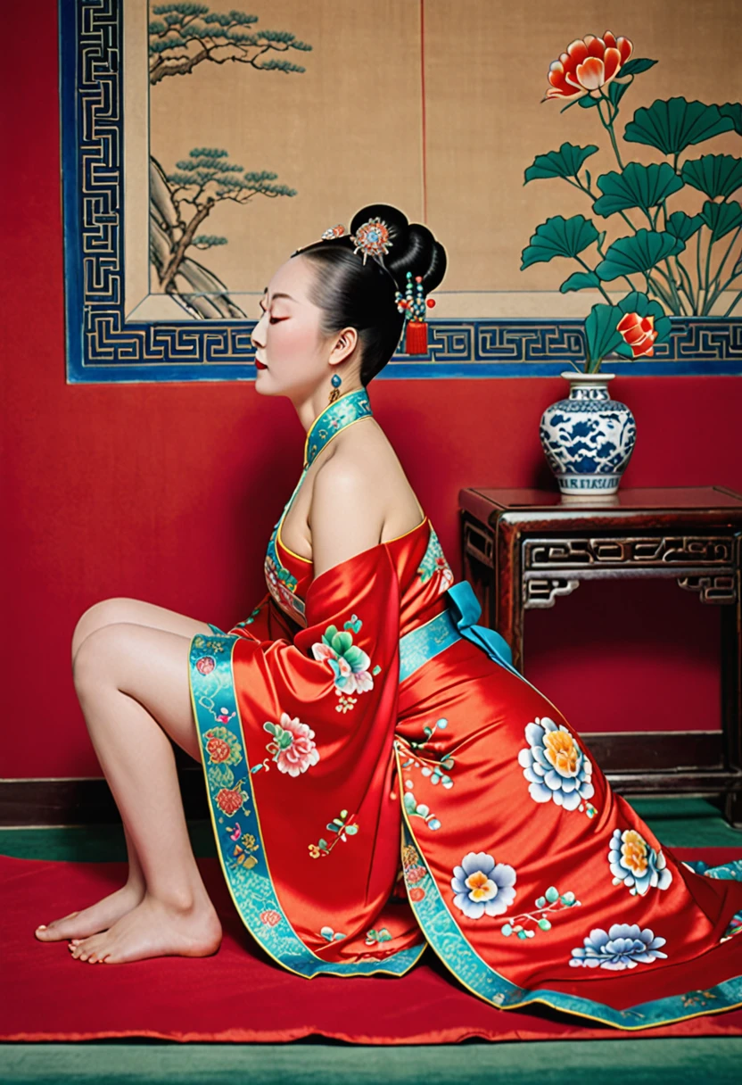 A side view of a Chinese empress, relaxing with her large buttocks sticking out and her legs stretched out. An angle of her buttocks from below. The background is a room in a Chinese palace during the Qing dynasty. She is sleeping in red Hanfu with only her large buttocks sticking out. She is either wearing underwear or not, and her protruding buttocks are floating up.　　　　　　　　　　　　　　　　　　　　　　　　　　　　　　 Her hair is decorated with a large, flashy flower.　 The back of the hair is tied up and up.