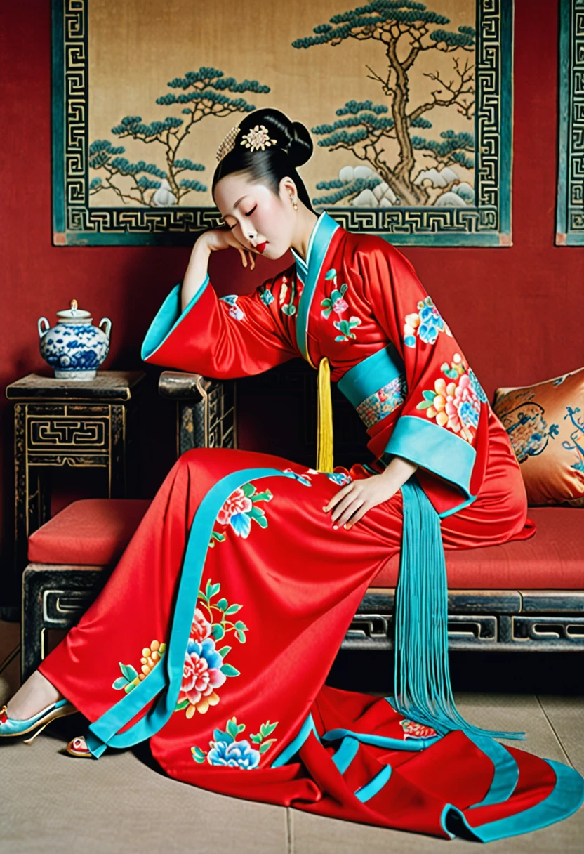 A side view of a Chinese empress, relaxing with her large buttocks sticking out and her legs stretched out. An angle of her buttocks from below. The background is a room in a Chinese palace during the Qing dynasty. She is sleeping in red Hanfu with only her large buttocks sticking out. She is either wearing underwear or not, and her protruding buttocks are floating up. Her hair is decorated with a large, flashy flower. The back of the hair is tied up and up.