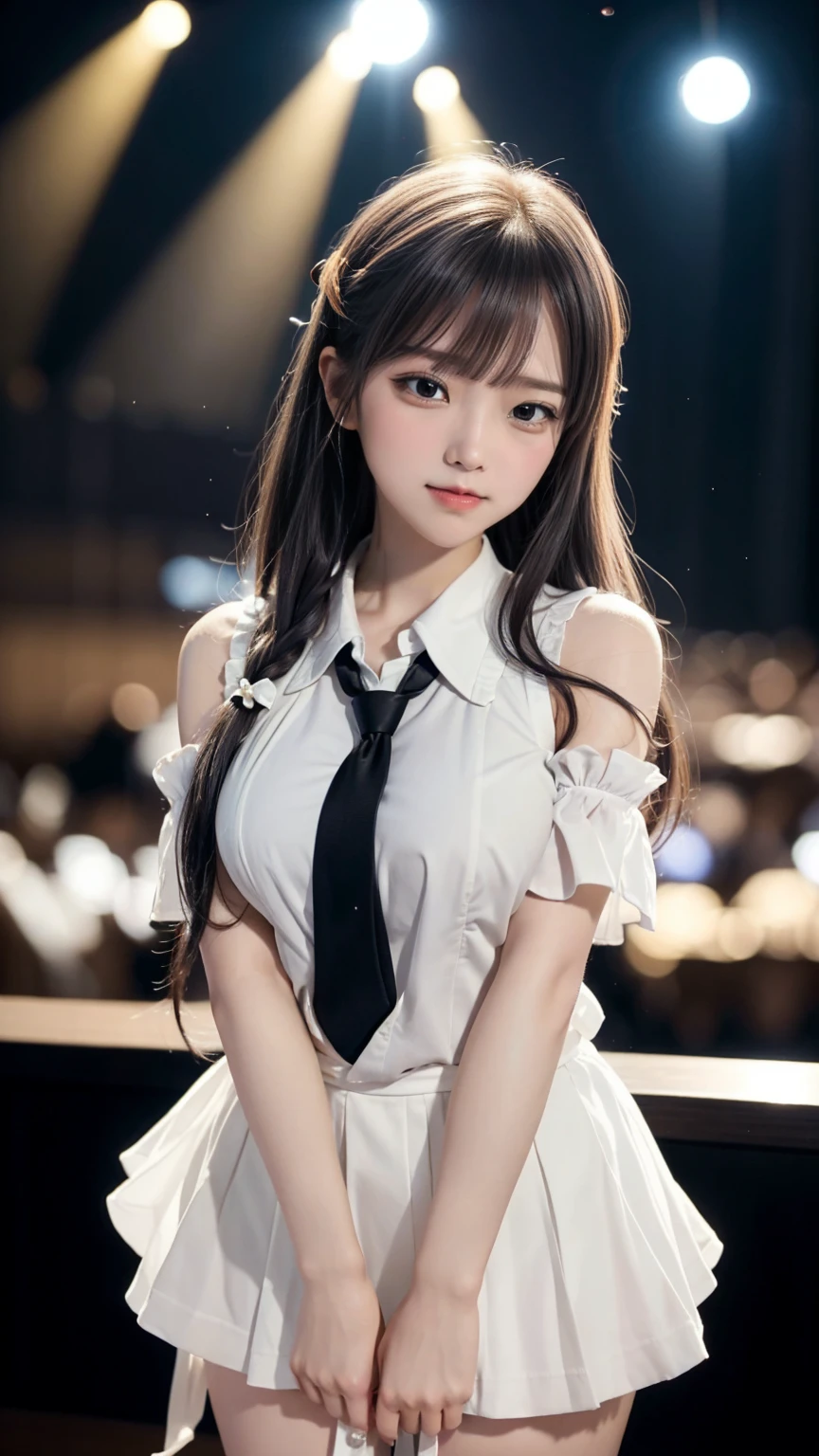 ((Audience seats lit up with glow sticks:1.2、Blurred Background))、cuteセーラー服、Idol Smile、One beautiful woman、Detailed eyes and face、Beautiful Hands、Thin legs、(Highest quality:1.2), 8k, Official Art, chest、cute、(I can see your pants:1.3、Pulling on skirt)、 Trending on cgstation, Official Art, Whole Body Ezbian、((Beautiful idol costumes))、Cool look、(masterpiece:1.2)、(Highest quality)、(8k)、(Cinema Lighting)、(complicated)、Black Hair、beautiful girl、Beautiful breasts、(beautiful girl, cute face), Gold decoration in hair、naked、Sweat、chestのクローズアップ, Gardenia, Viola family, space , Looking at the audience, Film Grain, chromatic aberration, Face Light, Dynamic Lighting, Cinema Lighting, 非常にDetailed eyes and face, (cute tie:1.2)、(The right move)、(Perfect idol pose)、Professional photography techniques
