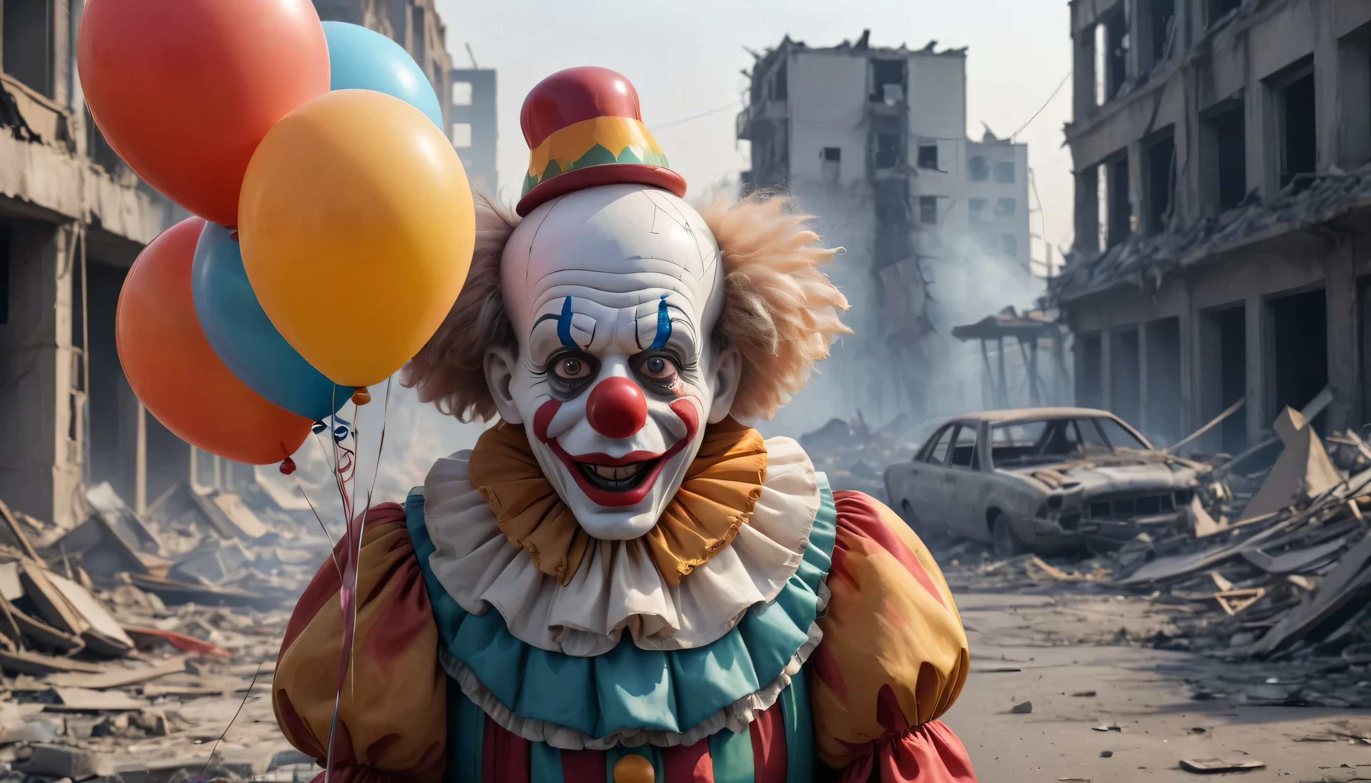 Closeup photo of a sad old clown in a destroyed city after a nuclearblast on the horizon, smoke, destruction fire, natural light, he is making a balloon animal with long clown stretchy baloons