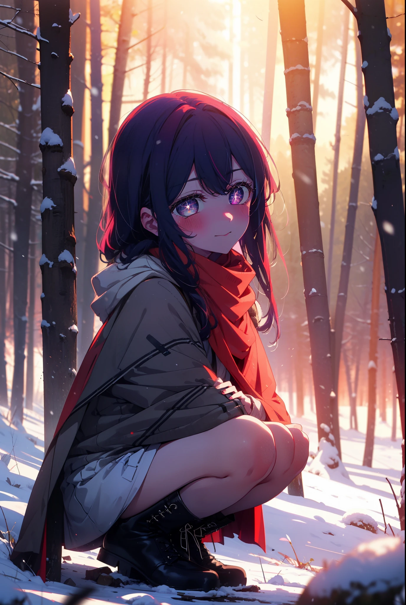 aihoshino, Ai Hoshino, Long Hair, bangs, (Purple eyes:1.1), Purple Hair, (Symbol-shaped pupil:1.5), smile,,smile,blush,white breath,
Open your mouth,snow,Ground bonfire, Outdoor, boots, snowing, From the side, wood, suitcase, Cape, Blurred, , forest, White handbag, nature, Squat, Mouth closed, Cape, winter, Written boundary depth, Black shoes, red Cape break looking at viewer, Upper Body, whole body, break Outdoor, forest, nature, break (masterpiece:1.2), Highest quality, High resolution, unity 8k wallpaper, (shape:0.8), (Beautiful and beautiful eyes:1.6), Highly detailed face, Perfect lighting, Extremely detailed CG, (Perfect hands, Perfect Anatomy),