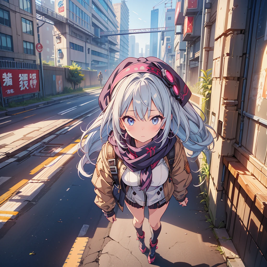 One girl,(masterpiece, Highest quality), (Detailed Hair), Very detailed, Anime Style, whole body, alone, Cyberpunk Psychic Girl, big cute head scarf, whole body covered in rags, Unconventional persons'Costume, Gray Hair、Red eyes, Floating in the air, Small stature, Supernatural Aura, Prism Hypnosis Aura. Beautiful and terrifying, Digital Painting, 8K high resolution, Trend Art Station, White Background, whole body, ((Psychic energy ball in hand))