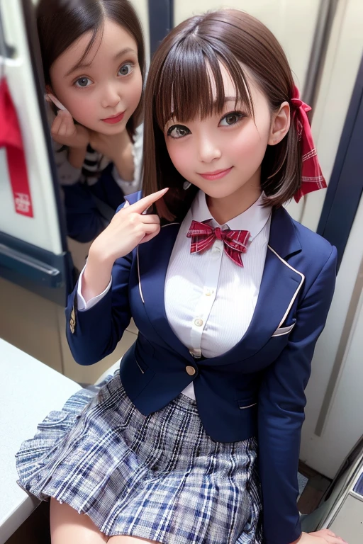 (White blouse、Navy Blue Blazer、Checkered pleated mini skirt with slits、Red ribbon)、1 girl、Bob Hair、Medium breast、looking at the camera、The camera is from above、Inside the train、Sitting、train running along the seaside、masterpiece:1.3、Raw photo、Highest quality、Detailed Background、