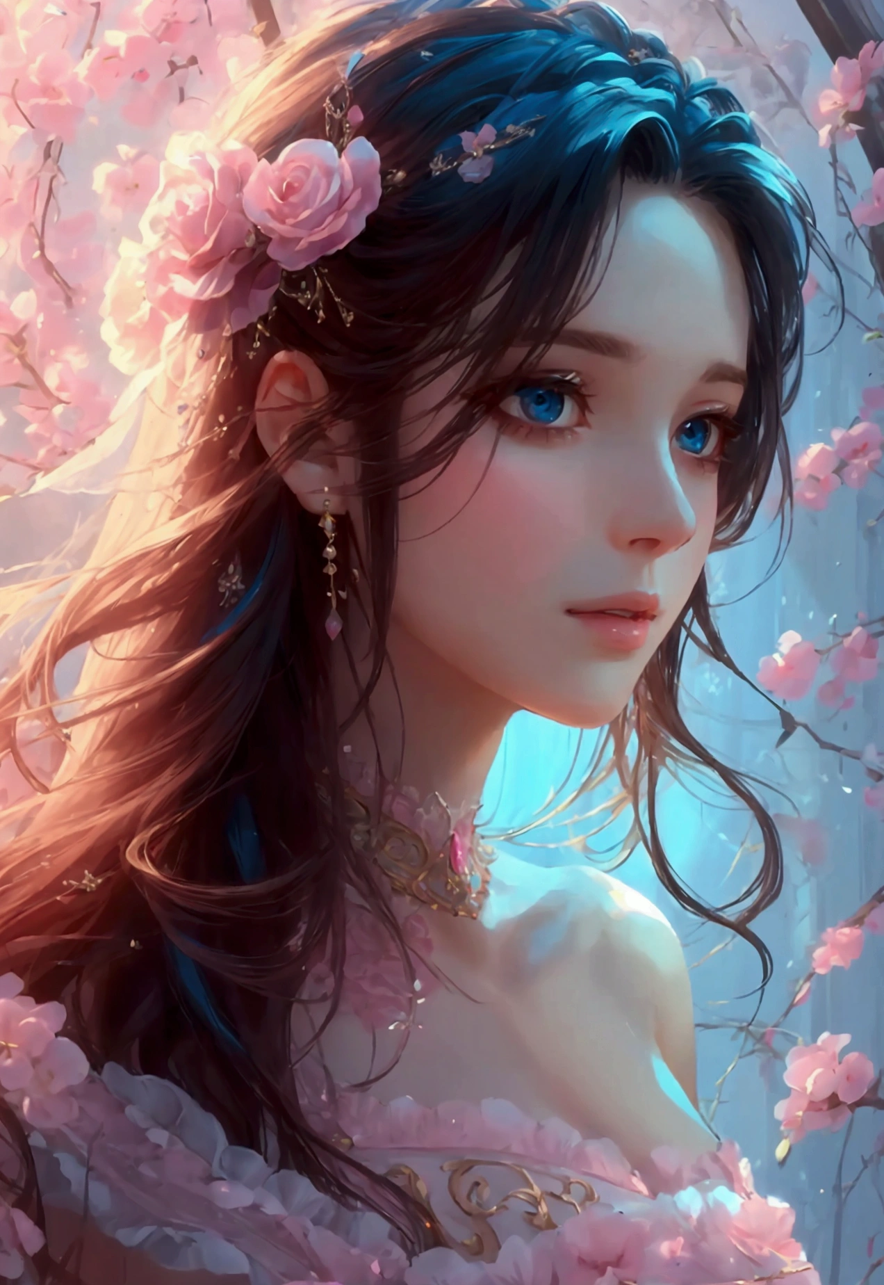 ((highest quality)), ((masterpiece)), (Get used to it), perfect face, adult woman, long and beautiful hair, valentine, pink and blue, delicate portrait, intricate details, flawless skin, beautiful eyes, elegant expression, dreamy atmosphere, soft lighting, romantic mood, delicate petals, ornate accessories, flowing fabric, graceful pose