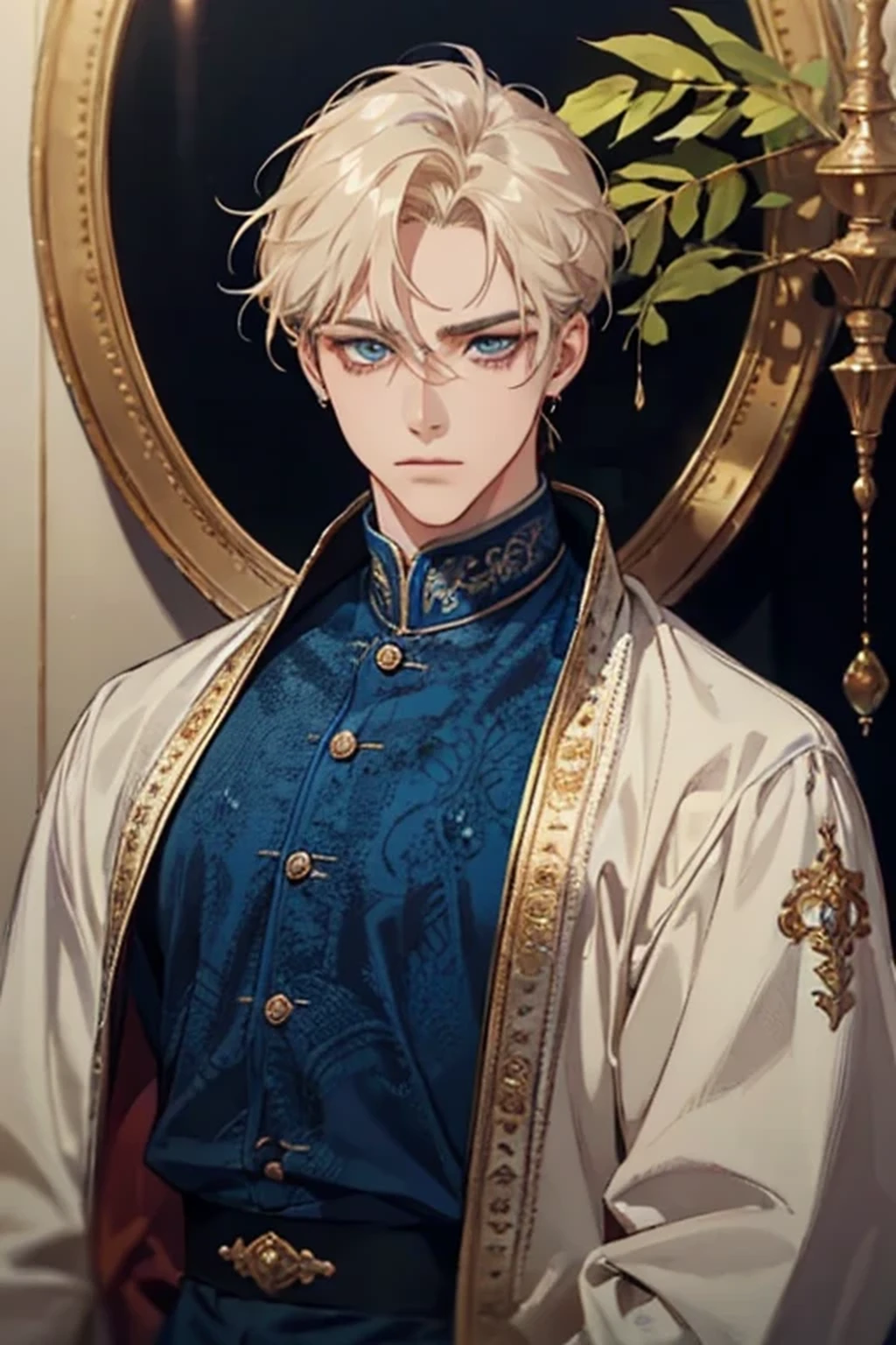 ((Highest quality)), ((masterpiece)), (detailed), Golden shiny hair、Straight Short Hair、Deep blue jewel eyes、The Unfriendly Prince、Stern face、noble、Prince-like attire、One person、adult、Tall and muscular、Hair is hanging over the ears