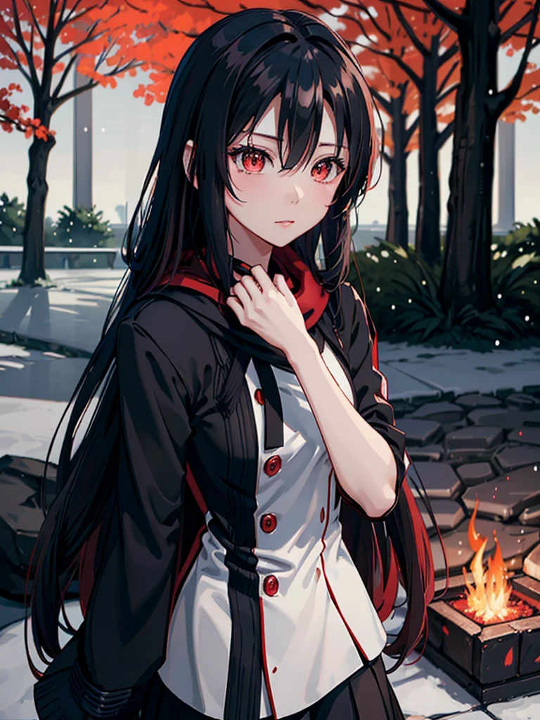 art of Akira Asai under a tree at night, (1girl), manga style, (red and black), silhouette, tree, (fire), lights, sharp contrast, (dark), windy, (winter), scarf, coat, small pupils, monochrome, anime style