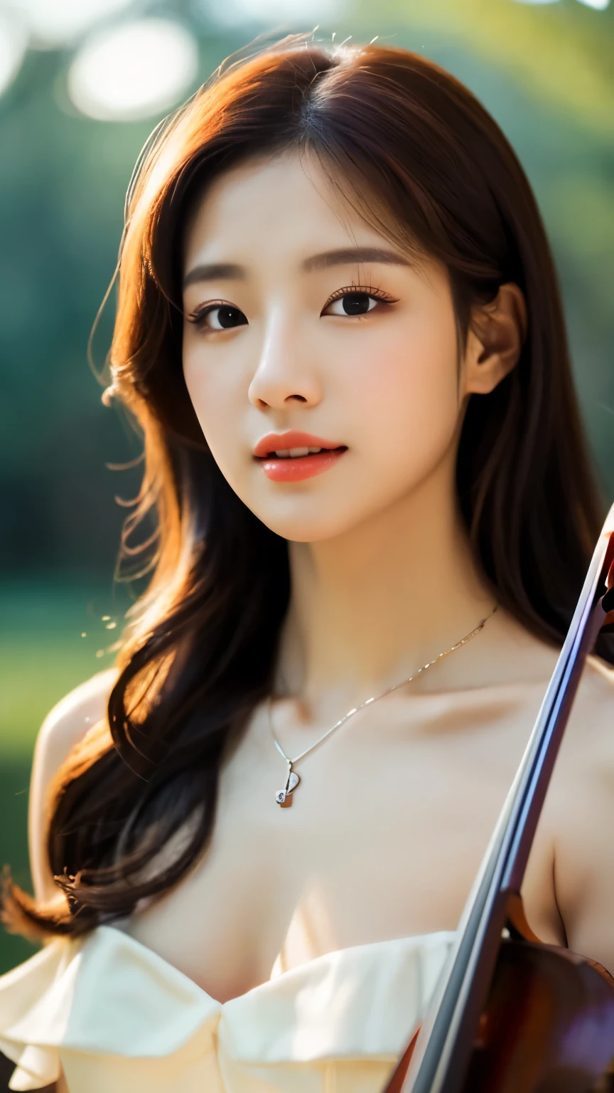 extreme close-up of beautiful beautiful korean female, 34 inch breasts size, wearing long dress , necklace , play violin, bokeh background , cinematic scene, UHD
