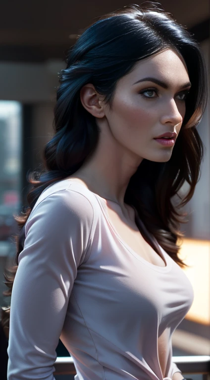 photo of Megan Fox, RAW, beautiful woman, ((portrait)), ((detailed face:1.2)), ((detailed facial feature, detailed skin, clear skin), (perfect proportioned body, average size breasts), (wearing a tight long sleeve v-neck shirt) (high detailed city environment, apartment balcony), (realistic photo, best quality, detailed), (8k wallpaper), (cinematic lighting, dramatic lighting) (sharp focus, intricate), profile view, side view