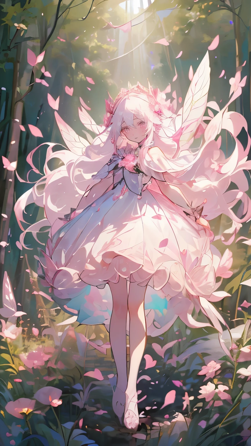 (Mastepiece), (Best Quality), Very detailed, 1 girl, (Solo full body shot:1.4), Perfect Face, beautiful girl, Very detailedな顔,(Long white hair:1.5),(Pink Eyes:1.4),(Lots of butterflies々:1.2)、(forest、Flower Field:1.4)、(Lots of petals:1.3)、(gem:1.3)、(smile:1.3)、Fairy、mysterious、Fantasy、beautiful、beautiful