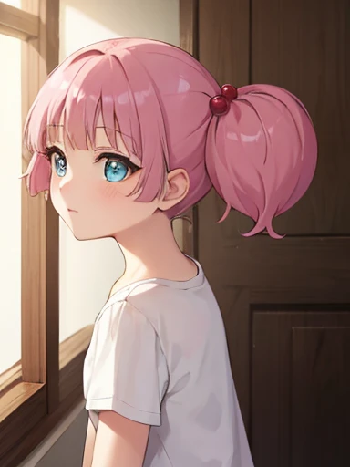 masterpiece, highest quality, very detailed, girl,twin tails, pink hair, hair ornaments,hair bobble, blue eyes,indoors,pussy