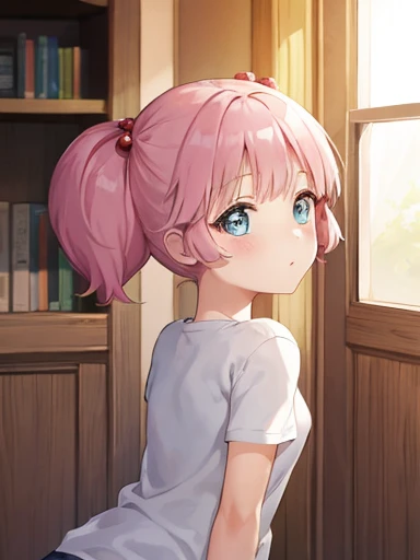 masterpiece, highest quality, very detailed, girl,twin tails, pink hair, hair ornaments,hair bobble, blue eyes,indoors,pussy