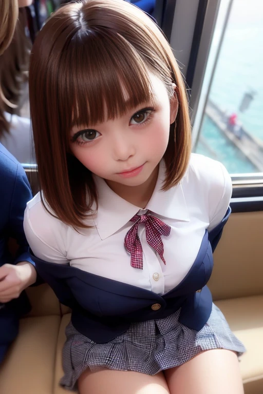 (White blouse、Navy Blue Blazer、Checkered pleated mini skirt with slits、Red ribbon)、1 girl、Bob Hair、Medium breast、looking at the camera、The camera is from above、Inside the train、Sitting、train running along the seaside、masterpiece:1.3、Raw photo、Highest quality、Detailed Background、