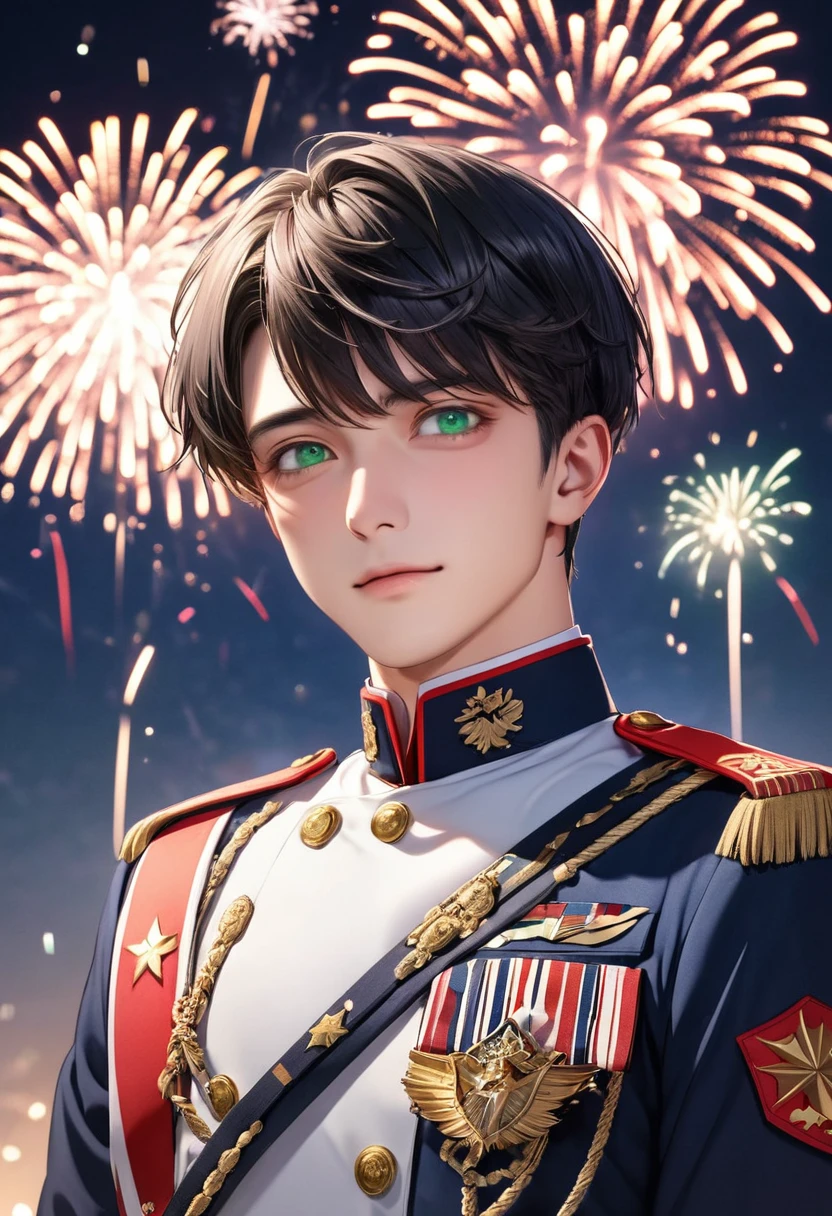 1 male　Dark blue short hair　Bangs parted on the right side　Green eyes　Red and white military uniform　In white　firework