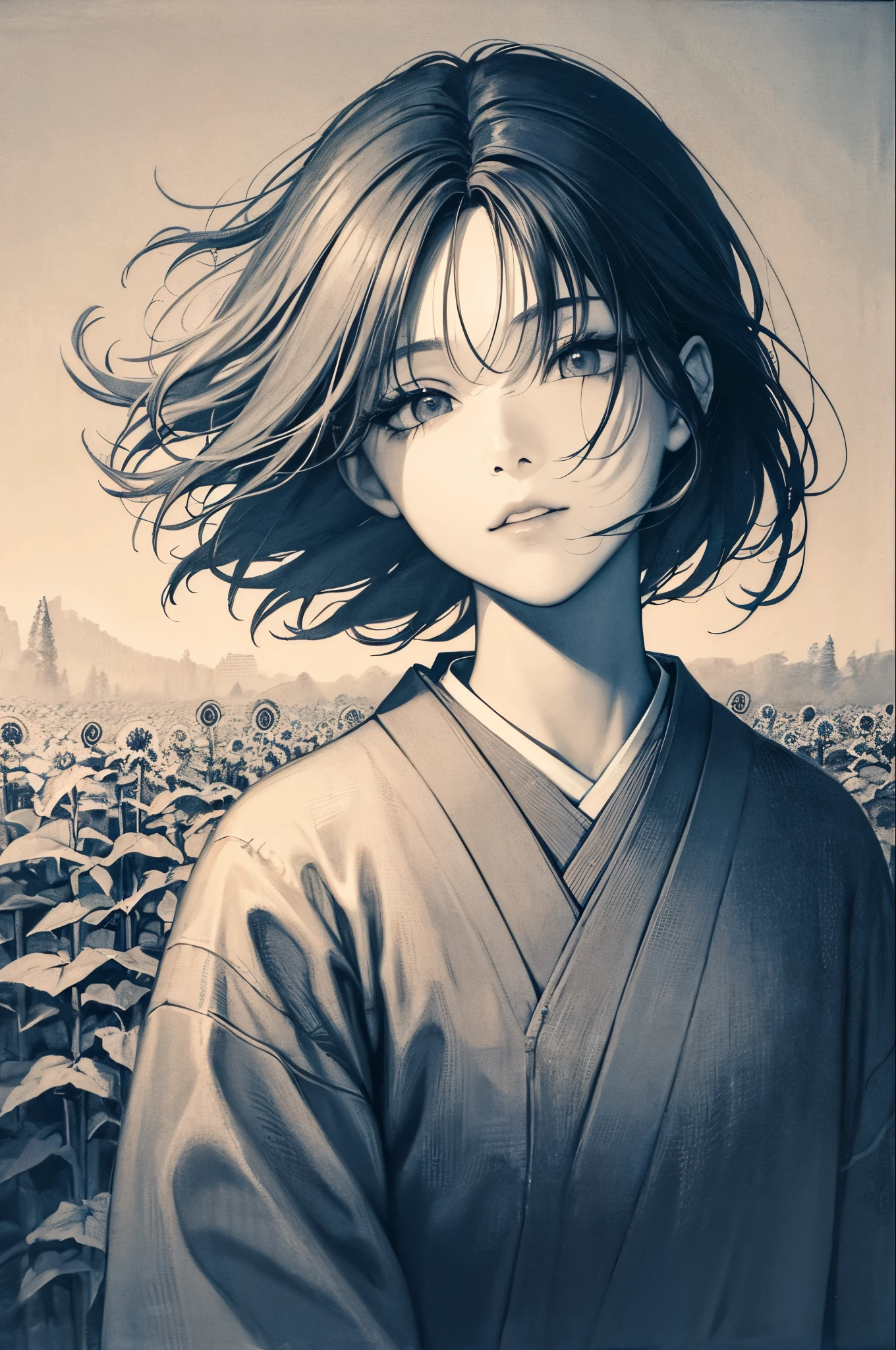 Fictional character composition, Wearing young blue flowers, Surrounded by sunflowers, main character, Open your eyes, His hair was blown by the wind, And the sun heals, Close-up monochrome painting, cute, dream-like, Oil painting style, Acrylic paint,, Japanese, An interesting concept, Funny picture - ar 3:4 - 20 - more than 5