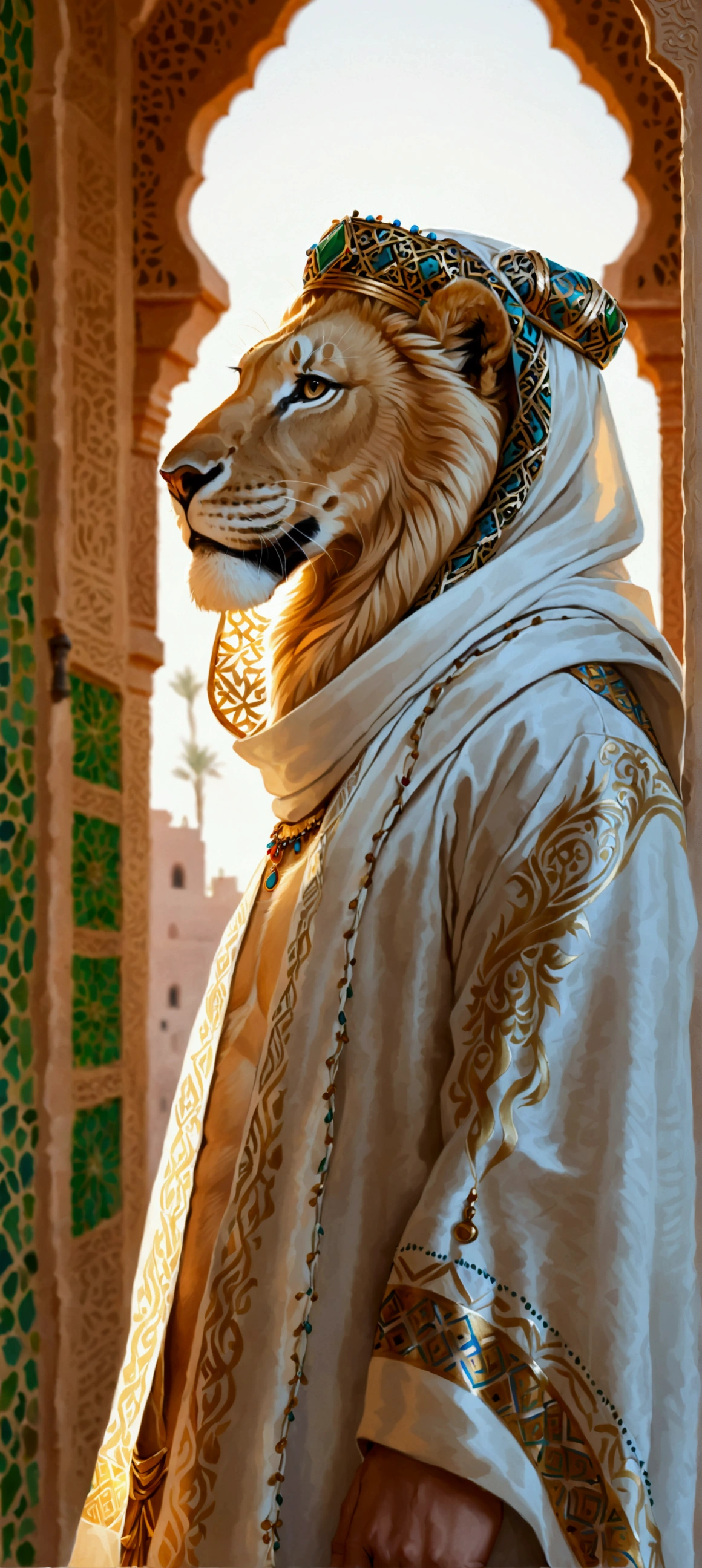lion human body wearing moroccan clothes white jellaba