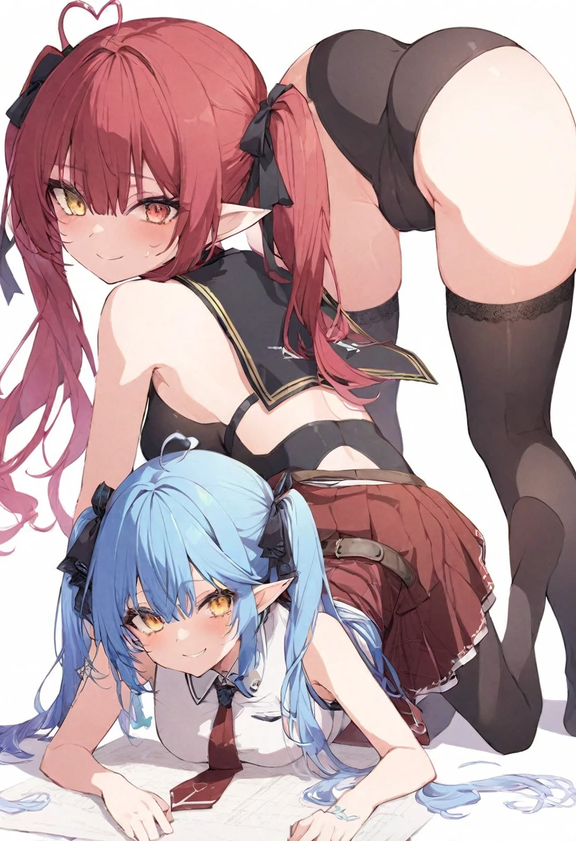 (muste piece), (best quality), (score_9, score_8_up, score_7_up), very detailed eyes, expressive eyes, perfect face, very detailed face, highly detailed face, beautiful girl, 8K, beautiful girl, white background, delicate and beautiful face and eyes, dark intense shadow, 2 girls, vtuber style, cool girl, hololive, vtuber, (Yukihana Lamy, Elf ears, blue hair, heart ahoge), (Houshou Marine, marine_pirate, red hair, twintails, hair ribbon, red skirt, belt, leotard under skirt, black leotard, black thighhighs, red eyes, yellow eyes,) Sailor dress, sleeveless dress, short skirt, tie, blue underpants, cameltoe, big chest, big ass, sideboob, bare arms, smile, body visible through clothes, chest visible through clothes, (full body), doggystyle, top-down_bottom-up, sweating, from back, ass focus, 