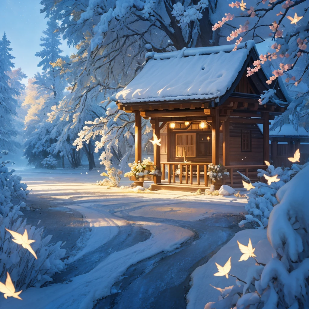 1 large tree、Description of the Universe、Light、flower、風になびくロマンチックなflower弁、眩ShiiLight、lame、Very detailed, Sophisticated, Sparkling Surface, Realistic, 8k, Very detailed, masterpiece、god々Shii、沢山のLight、Beautiful sun、Fantasy、虹色のLight、優ShiiLight、Leaves flutter、Lightの筋、Xin Haicheng、Lightのシャワー、Sparkle Effect, 蛍Light, 