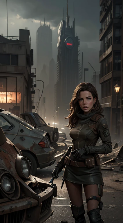 Foto hiperrealista en primer plano de Kate Beckinsale, masterpiece, best quality, (photorealistic:1.4),  Create dystopian masterpieces. Depict the cityscape in the gritty style of the game's concept art. This work should evoke a sense of abandonment and despair in a futuristic, post-apocalyptic world. Notice the intricacies of detail, the sharp focus.