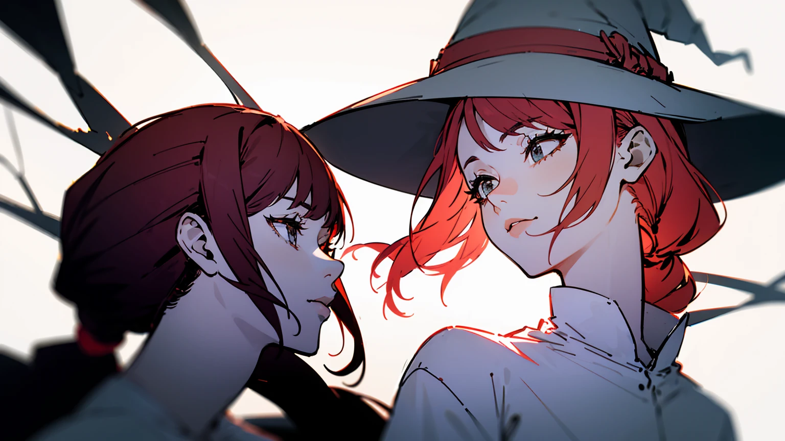 Red haired ponytail girl、Pointy hat、Under the Great Tree、Witch-like、Anime atmosphere、Minimalist style female portrait、Monochrome outfit on a white background、Simple accessories and clean lines、In a modern studio with soft lighting、Cool and elegant atmosphere